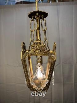 Antique Vintage Bronze Chandelier Petite Pendant 1 Light Lantern French Crystals