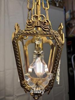 Antique Vintage Bronze Chandelier Petite Pendant 1 Light Lantern French Crystals