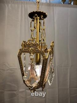 Antique Vintage Bronze Chandelier Petite Pendant 1 Light Lantern French Crystals
