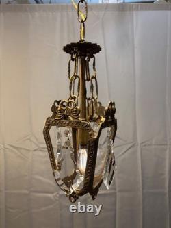 Antique Vintage Bronze Chandelier Petite Pendant 1 Light Lantern French Crystals