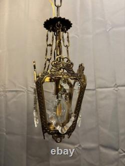 Antique Vintage Bronze Chandelier Petite Pendant 1 Light Lantern French Crystals