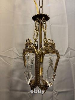 Antique Vintage Bronze Chandelier Petite Pendant 1 Light Lantern French Crystals