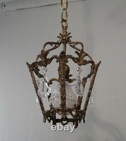 Antique Vintage Bronze Pendant Ceiling Fixture Crystals 1 Light Petite Lantern