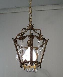 Antique Vintage Bronze Pendant Ceiling Fixture Crystals 1 Light Petite Lantern