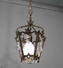 Antique Vintage Bronze Pendant Ceiling Fixture Crystals 1 Light Petite Lantern