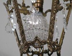 Antique Vintage Bronze Pendant Ceiling Fixture Crystals 1 Light Petite Lantern