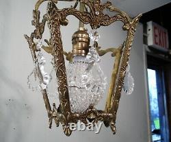 Antique Vintage Bronze Pendant Ceiling Fixture Crystals 1 Light Petite Lantern