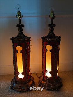 Antique Vintage Cathedral Theatre Hotel Light Lamp PAIR Red Velvet Theater RARE