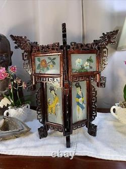 Antique Vintage Chinese Zitan Carved Wood Reverse Painted Glass Paneled Lantern