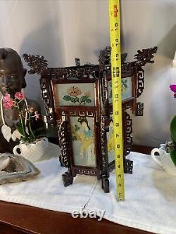 Antique Vintage Chinese Zitan Carved Wood Reverse Painted Glass Paneled Lantern