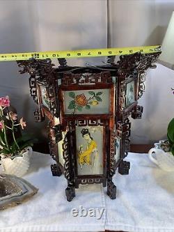 Antique Vintage Chinese Zitan Carved Wood Reverse Painted Glass Paneled Lantern