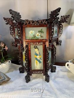 Antique Vintage Chinese Zitan Carved Wood Reverse Painted Glass Paneled Lantern