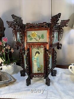 Antique Vintage Chinese Zitan Carved Wood Reverse Painted Glass Paneled Lantern