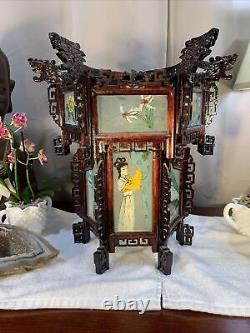 Antique Vintage Chinese Zitan Carved Wood Reverse Painted Glass Paneled Lantern