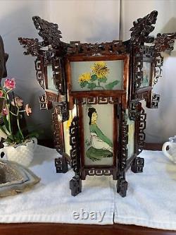 Antique Vintage Chinese Zitan Carved Wood Reverse Painted Glass Paneled Lantern