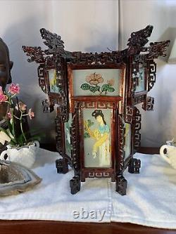 Antique Vintage Chinese Zitan Carved Wood Reverse Painted Glass Paneled Lantern