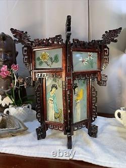 Antique Vintage Chinese Zitan Carved Wood Reverse Painted Glass Paneled Lantern