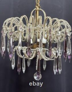 Antique Vintage Crystal Macaroni Beaded Lantern Chandelier Ceiling Light Italy