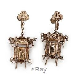 Antique Vintage Deco Sterling 925 Silver Chinese Lantern Drop Dangle Earrings