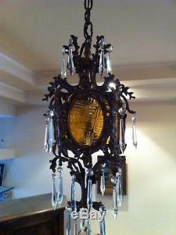 Antique Vintage Gothic Bronze Lantern Chandelier With Crystal Prisms