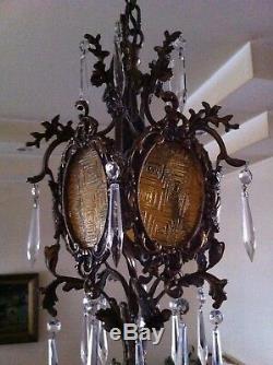 Antique Vintage Gothic Bronze Lantern Chandelier With Crystal Prisms