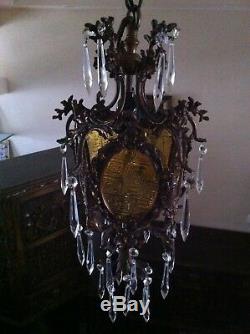 Antique Vintage Gothic Bronze Lantern Chandelier With Crystal Prisms