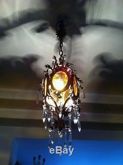 Antique Vintage Gothic Bronze Lantern Chandelier With Crystal Prisms