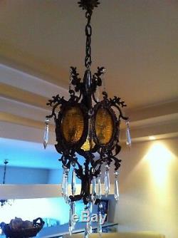 Antique Vintage Gothic Bronze Lantern Chandelier With Crystal Prisms