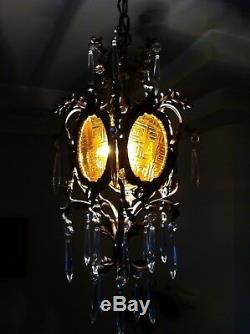 Antique Vintage Gothic Bronze Lantern Chandelier With Crystal Prisms