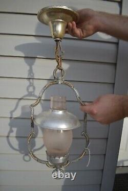 Antique Vintage HARP SHAPED Hanging Lamp Light Lantern Fixture w SHADE