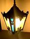 Antique Vintage Hanging Slag Glass Multi Colored iron Lantern with Chain (13C)