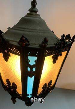 Antique Vintage Hanging Slag Glass Multi Colored iron Lantern with Chain (13C)