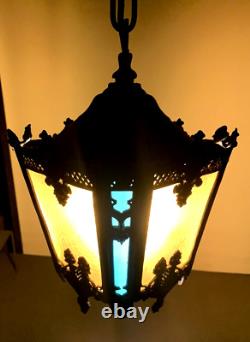 Antique Vintage Hanging Slag Glass Multi Colored iron Lantern with Chain (13C)