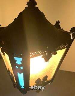 Antique Vintage Hanging Slag Glass Multi Colored iron Lantern with Chain (13C)