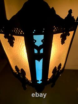 Antique Vintage Hanging Slag Glass Multi Colored iron Lantern with Chain (13C)
