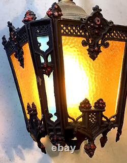 Antique Vintage Hanging Slag Glass Multi Colored iron Lantern with Chain (13C)