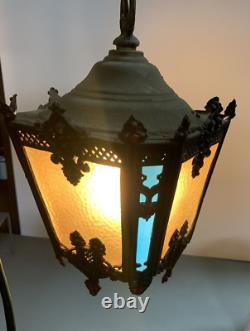 Antique Vintage Hanging Slag Glass Multi Colored iron Lantern with Chain (13C)