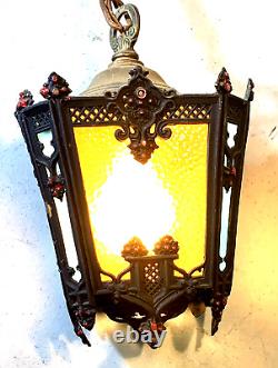Antique Vintage Hanging Slag Glass Multi Colored iron Lantern with Chain (13C)