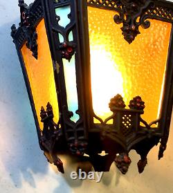Antique Vintage Hanging Slag Glass Multi Colored iron Lantern with Chain (13C)