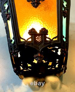 Antique Vintage Hanging Slag Glass Multi Colored iron Lantern with Chain (13C)