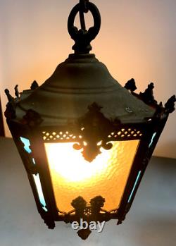 Antique Vintage Hanging Slag Glass Multi Colored iron Lantern with Chain (13C)