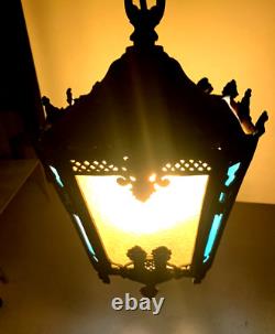 Antique Vintage Hanging Slag Glass Multi Colored iron Lantern with Chain (13C)