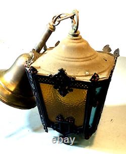 Antique Vintage Hanging Slag Glass Multi Colored iron Lantern with Chain (13C)