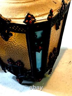 Antique Vintage Hanging Slag Glass Multi Colored iron Lantern with Chain (13C)