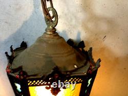 Antique Vintage Hanging Slag Glass Multi Colored iron Lantern with Chain (13C)