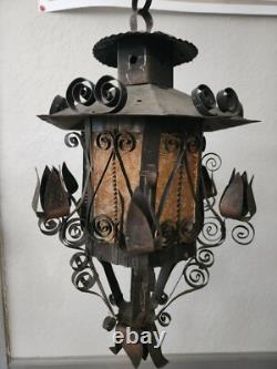 Antique Vintage Lantern Black Iron Pendant Chandelier Glass Orange Gothic Light