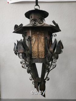 Antique Vintage Lantern Black Iron Pendant Chandelier Glass Orange Gothic Light