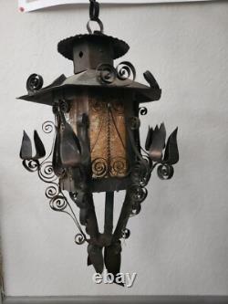 Antique Vintage Lantern Black Iron Pendant Chandelier Glass Orange Gothic Light