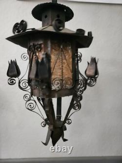Antique Vintage Lantern Black Iron Pendant Chandelier Glass Orange Gothic Light