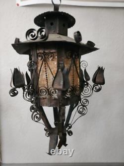 Antique Vintage Lantern Black Iron Pendant Chandelier Glass Orange Gothic Light